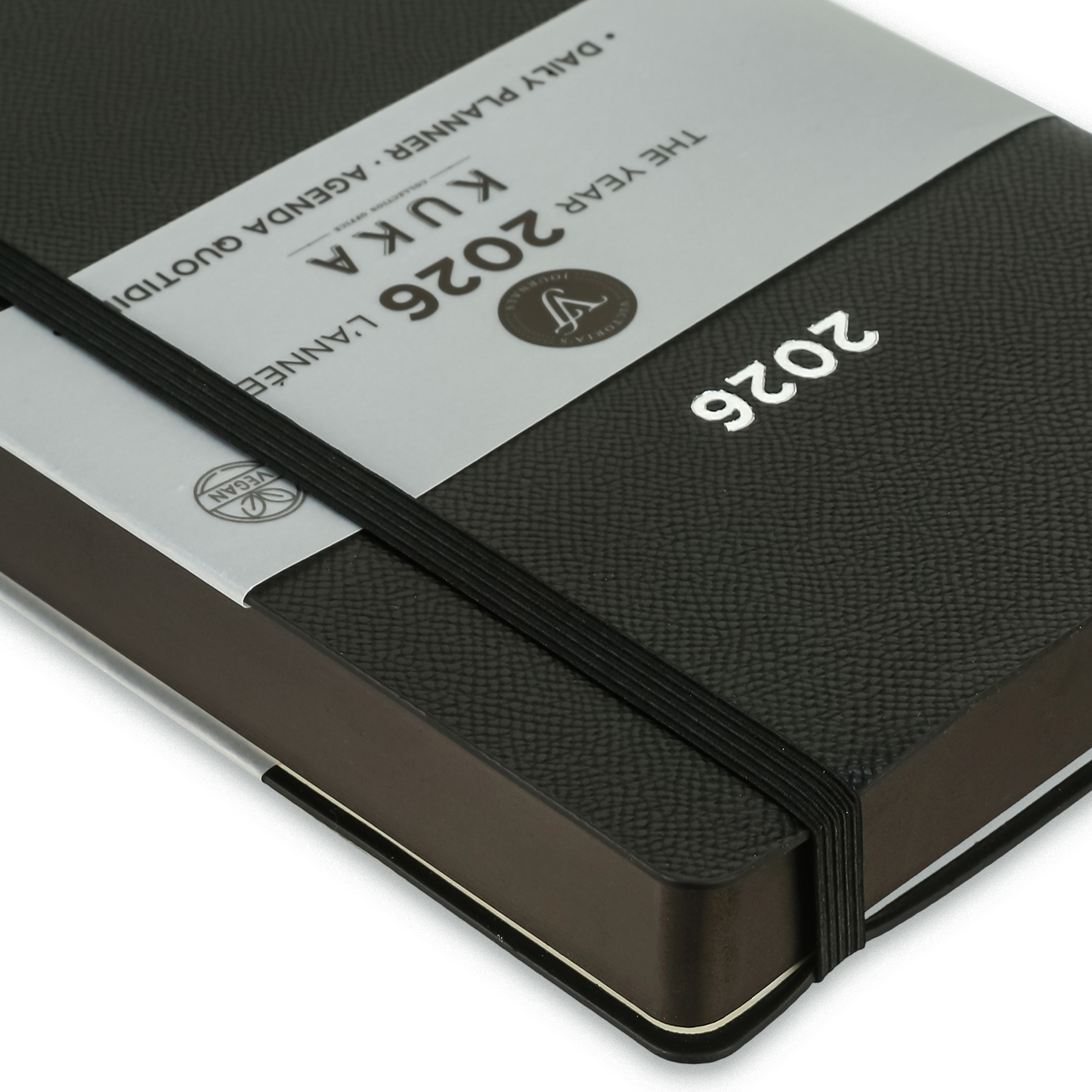 2026 Kuka Daily Planner — Black Vegan Leather with Pen Loop & Elastic (5.5" × 8", Bilingual, One-Day-Per-Page)