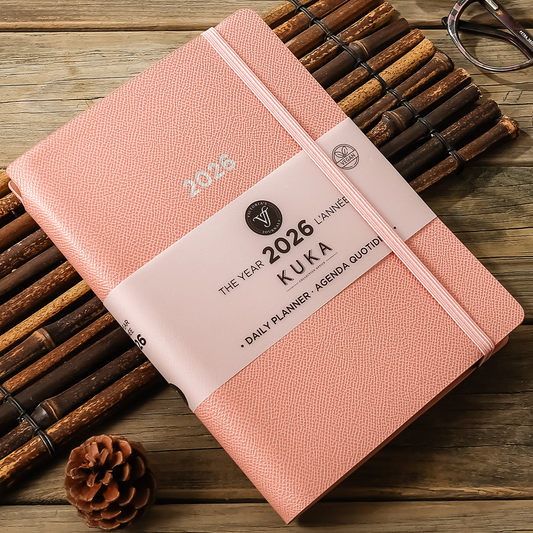 2026 Kuka Daily Planner — Pink Vegan Leather with Pen Loop & Elastic (5.5" × 8", Bilingual, One-Day-Per-Page)
