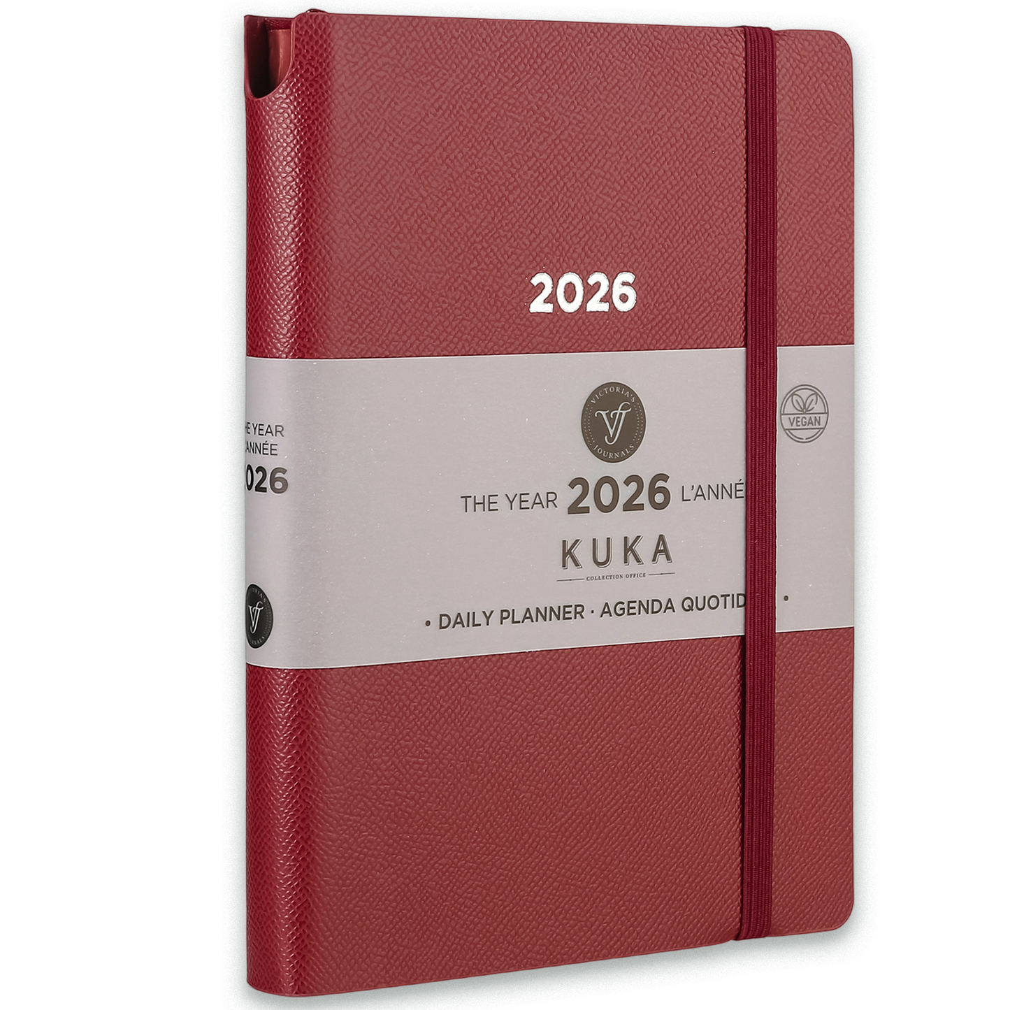 2026 Kuka Daily Planner — Burgundy Vegan Leather with Pen Loop & Elastic (5.5" × 8", Bilingual, One-Day-Per-Page)