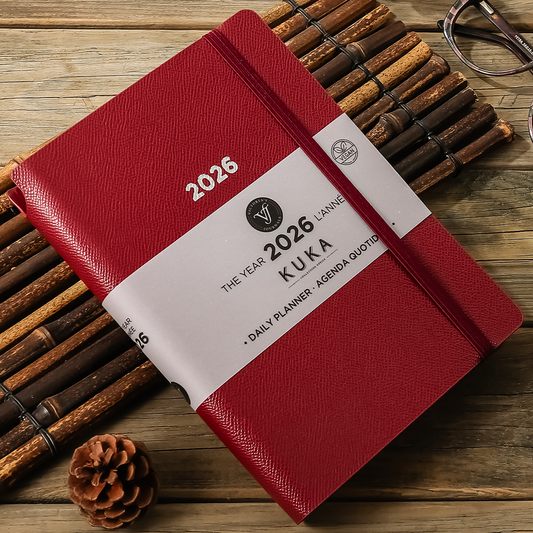 2026 Kuka Daily Planner — Burgundy Vegan Leather with Pen Loop & Elastic (5.5" × 8", Bilingual, One-Day-Per-Page)