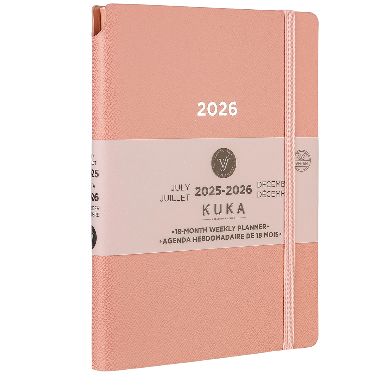 2025–2026 Kuka Weekly Planner — Blush 5.5" × 8" Vegan Leather with Pen Holder (18-Month, Bilingual)