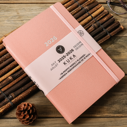 2025–2026 Kuka Weekly Planner — Blush 5.5" × 8" Vegan Leather with Pen Holder (18-Month, Bilingual)