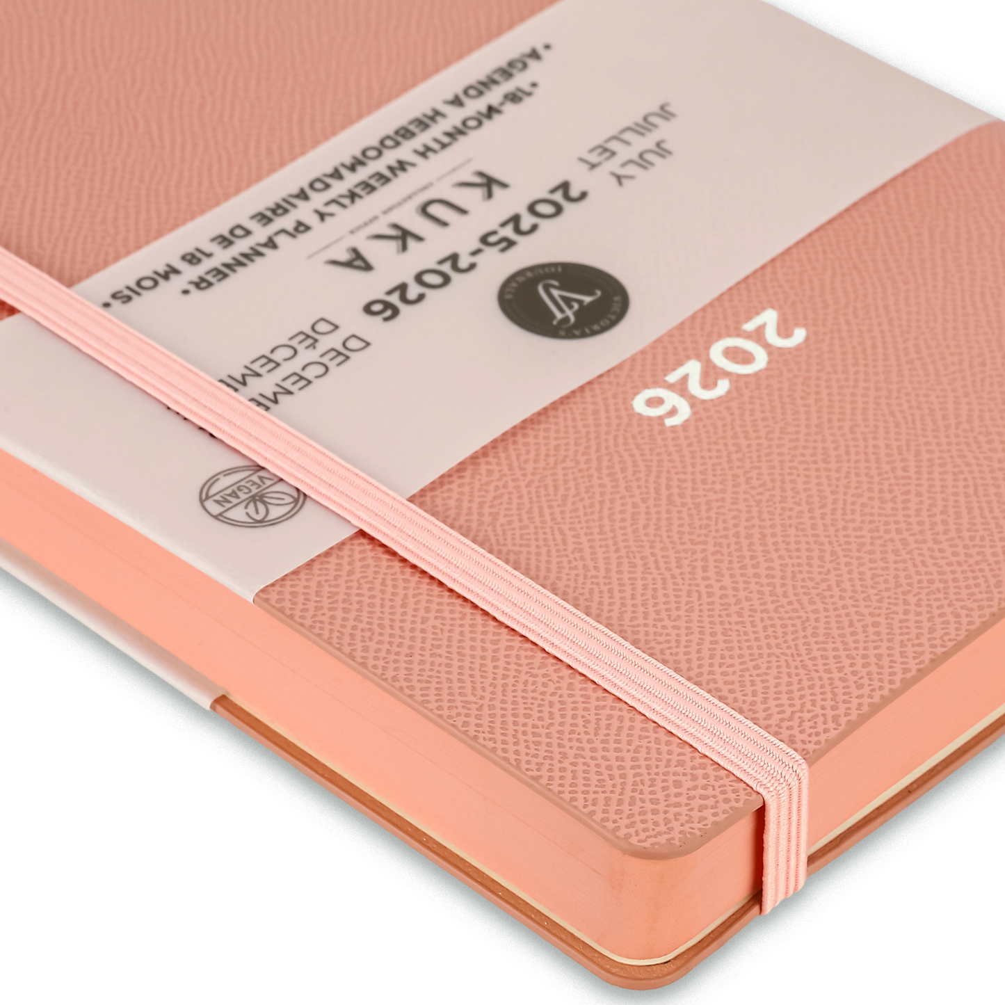 2025–2026 Kuka Weekly Planner — Blush 5.5" × 8" Vegan Leather with Pen Holder (18-Month, Bilingual)
