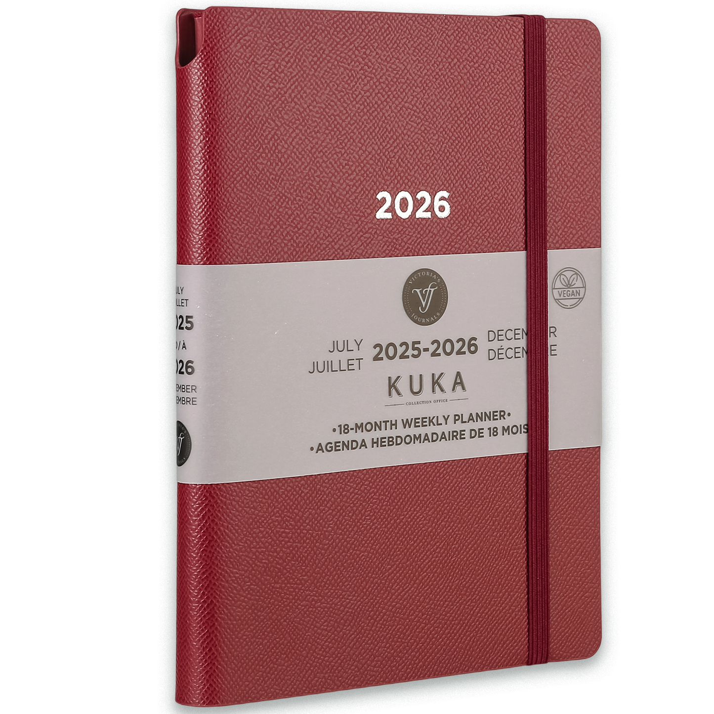 2025–2026 Kuka Weekly Planner — Burgundy 5.5" × 8" Vegan Leather with Pen Holder (18-Month, Bilingual)