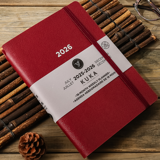 2025–2026 Kuka Weekly Planner — Burgundy 5.5" × 8" Vegan Leather with Pen Holder (18-Month, Bilingual)
