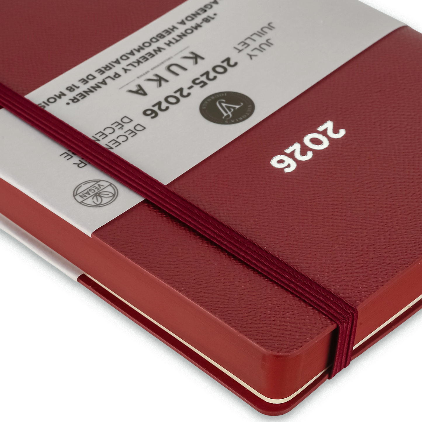 2025–2026 Kuka Weekly Planner — Burgundy 5.5" × 8" Vegan Leather with Pen Holder (18-Month, Bilingual)