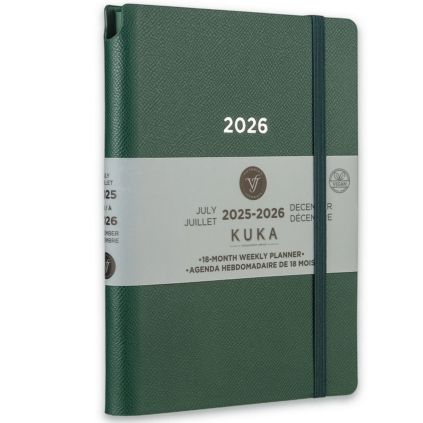 2025–2026 Kuka Weekly Planner — Green 5.5" × 8" Vegan Leather with Pen Holder (18-Month, Bilingual)