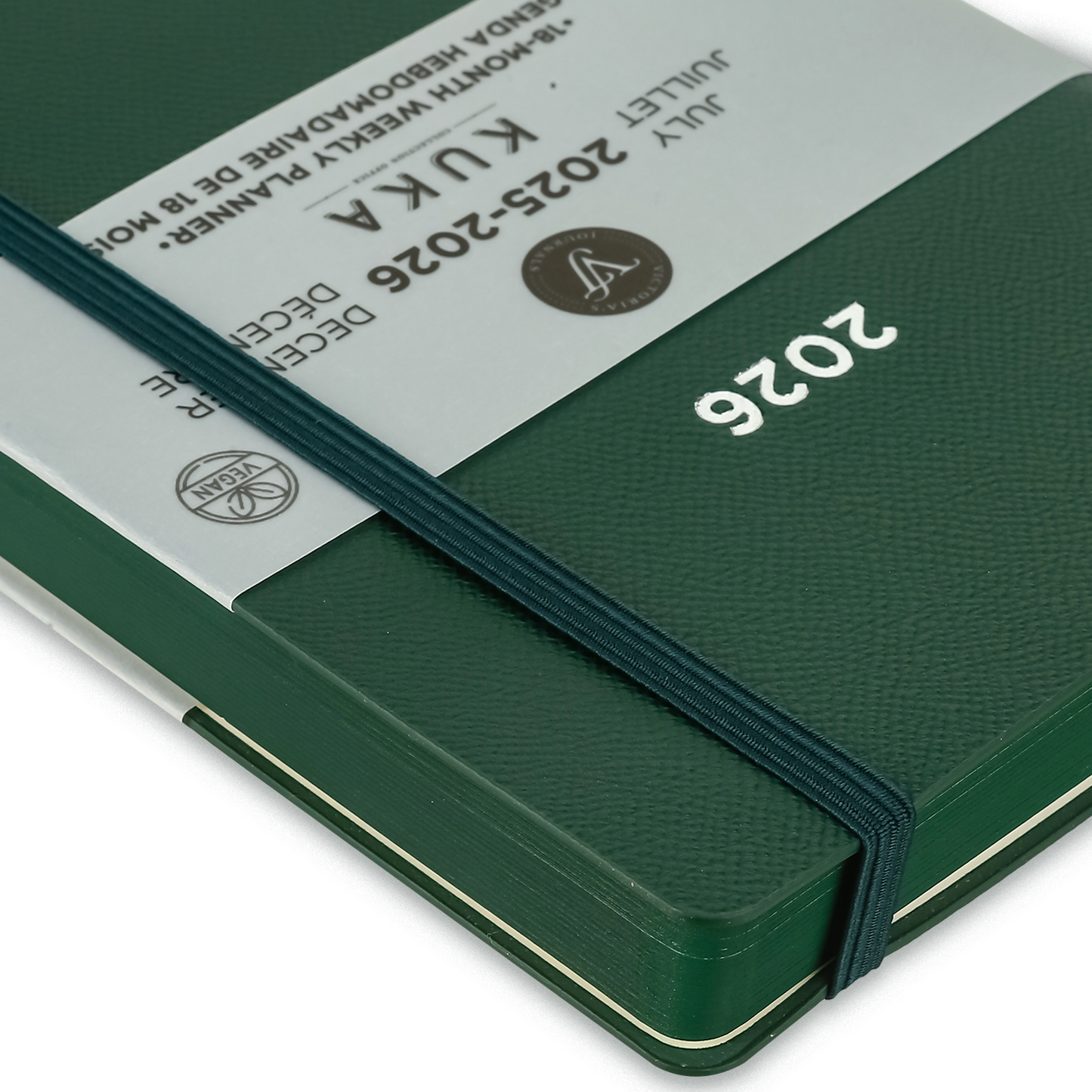 2025–2026 Kuka Weekly Planner — Green 5.5" × 8" Vegan Leather with Pen Holder (18-Month, Bilingual)