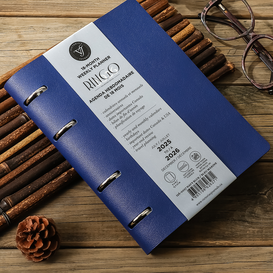 2025–2026 Ringo Academic Weekly Planner — Blue 6" × 8.5" Vegan Leather (18-Month, Bilingual)