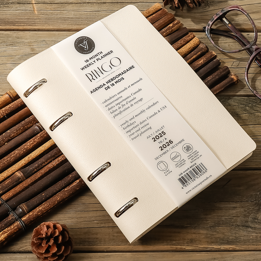2025–2026 Ringo Academic Weekly Planner — White 6" × 8.5" Vegan Leather (18-Month, Bilingual)