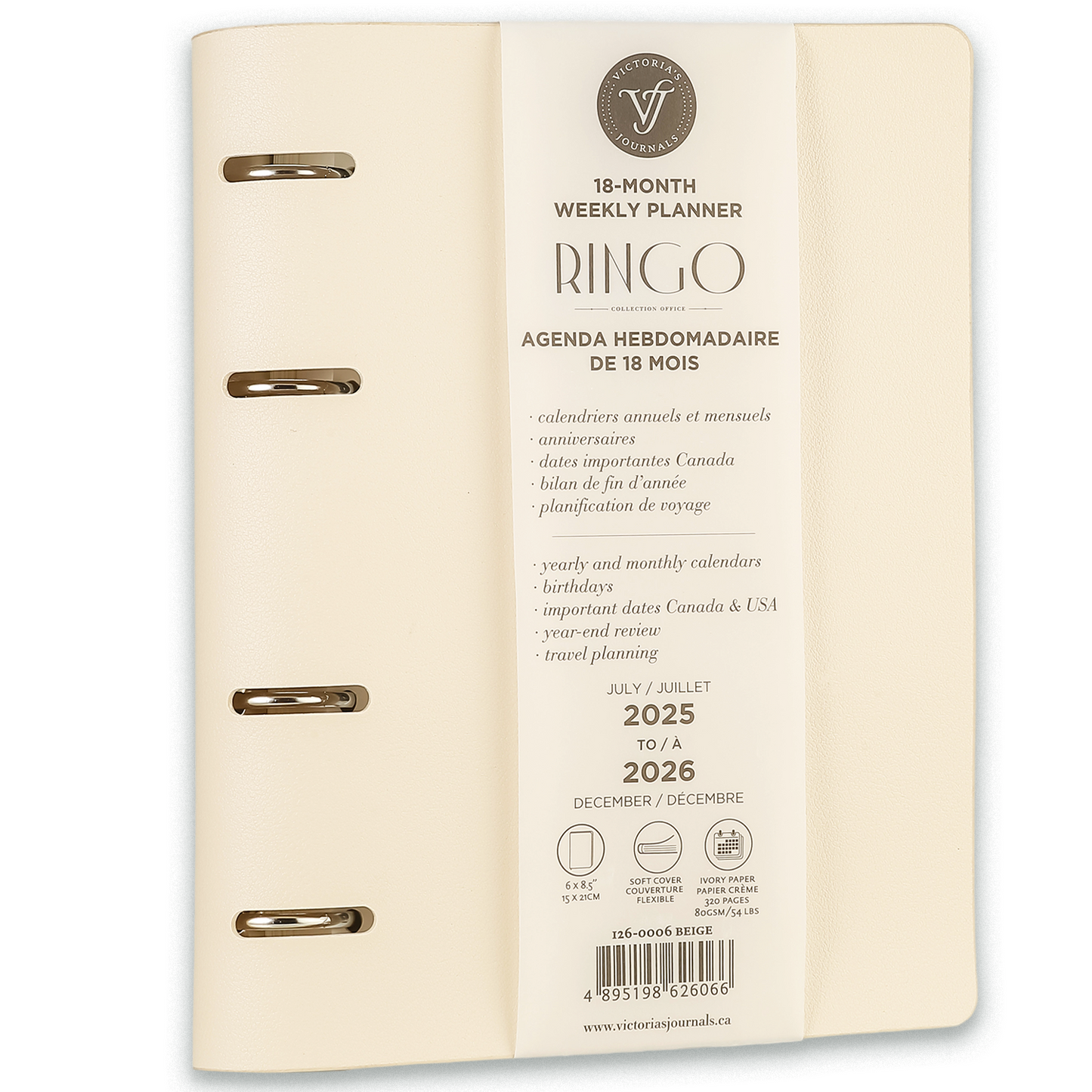 2025–2026 Ringo Academic Weekly Planner — White 6" × 8.5" Vegan Leather (18-Month, Bilingual)