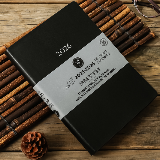 2025–2026 Smyth Academic Weekly Planner — Black A5 Vegan Leather (18-Month, Bilingual)