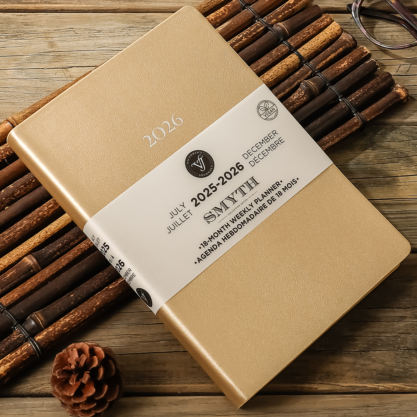 2025–2026 Smyth Academic Weekly Planner — Gold A5 Vegan Leather Luxe Agenda (18-Month, Bilingual)