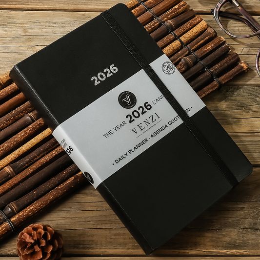 2026 Venzi Daily Planner — Black Vegan Leather with Elastic (5.1" × 8.3", Bilingual, One-Day-Per-Page)