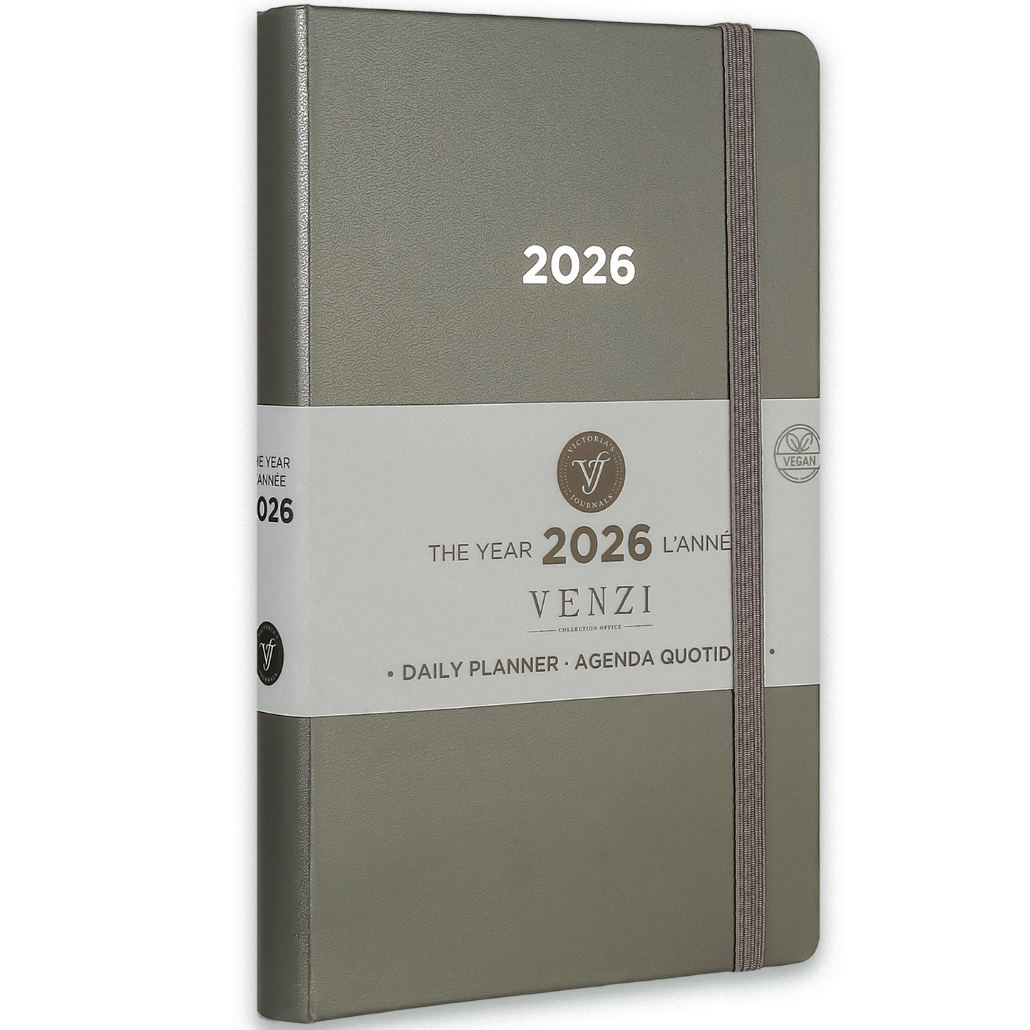 2026 Venzi Daily Planner — Grey Vegan Leather with Elastic (5.1" × 8.3", Bilingual, One-Day-Per-Page)