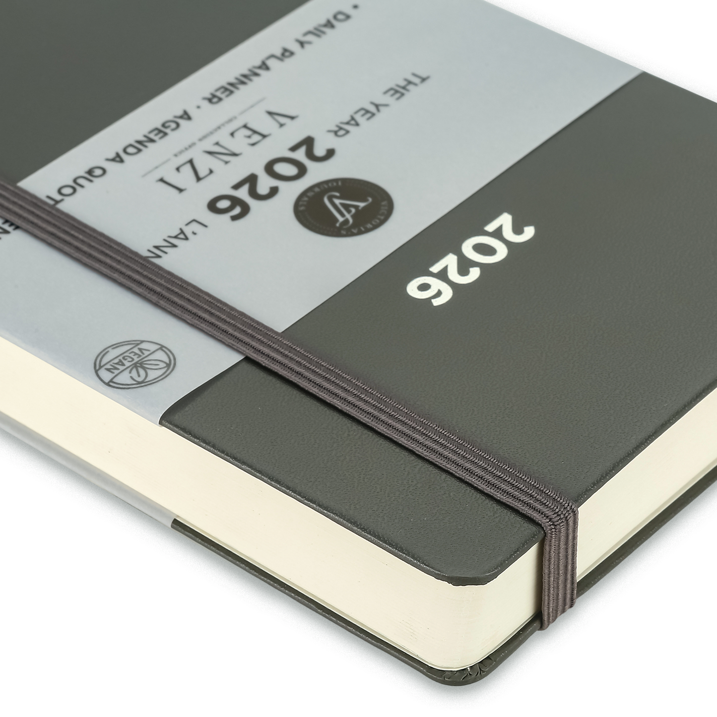 2026 Venzi Daily Planner — Grey Vegan Leather with Elastic (5.1" × 8.3", Bilingual, One-Day-Per-Page)