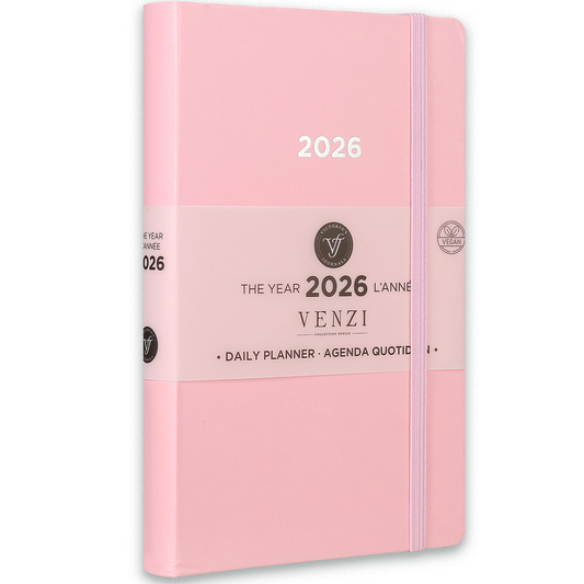 2026 Venzi Daily Planner — Pink Vegan Leather with Elastic (5.1" × 8.3", Bilingual, One-Day-Per-Page)