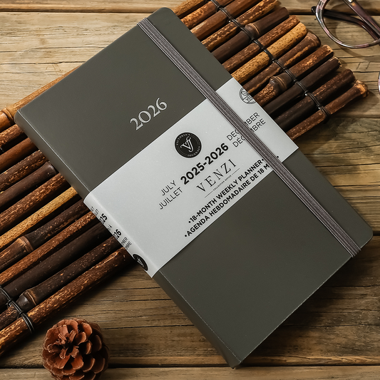 2025–2026 Weekly Planner Venzi  - Grey / Gray Vegan Leather (A5, 18-Month, Bilingual)