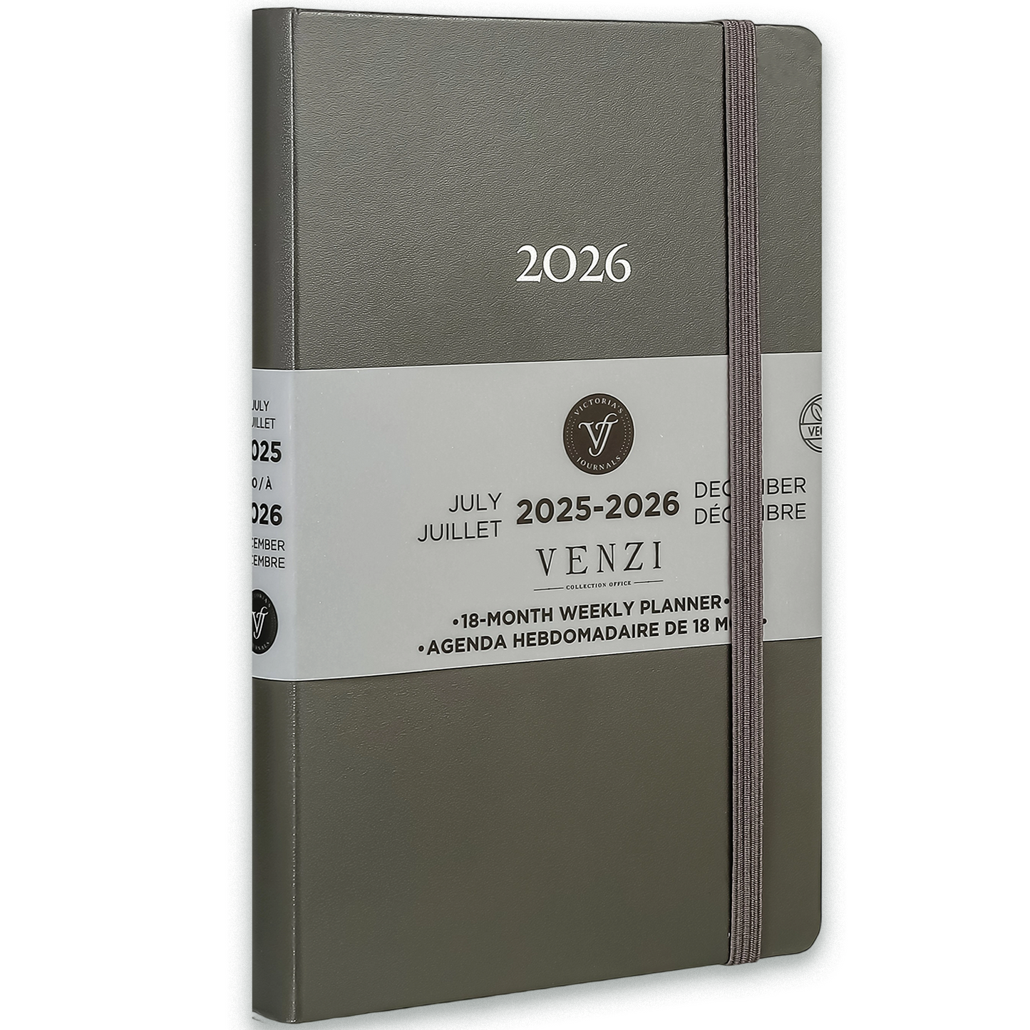 2025–2026 Weekly Planner Venzi  - Grey / Gray Vegan Leather (A5, 18-Month, Bilingual)