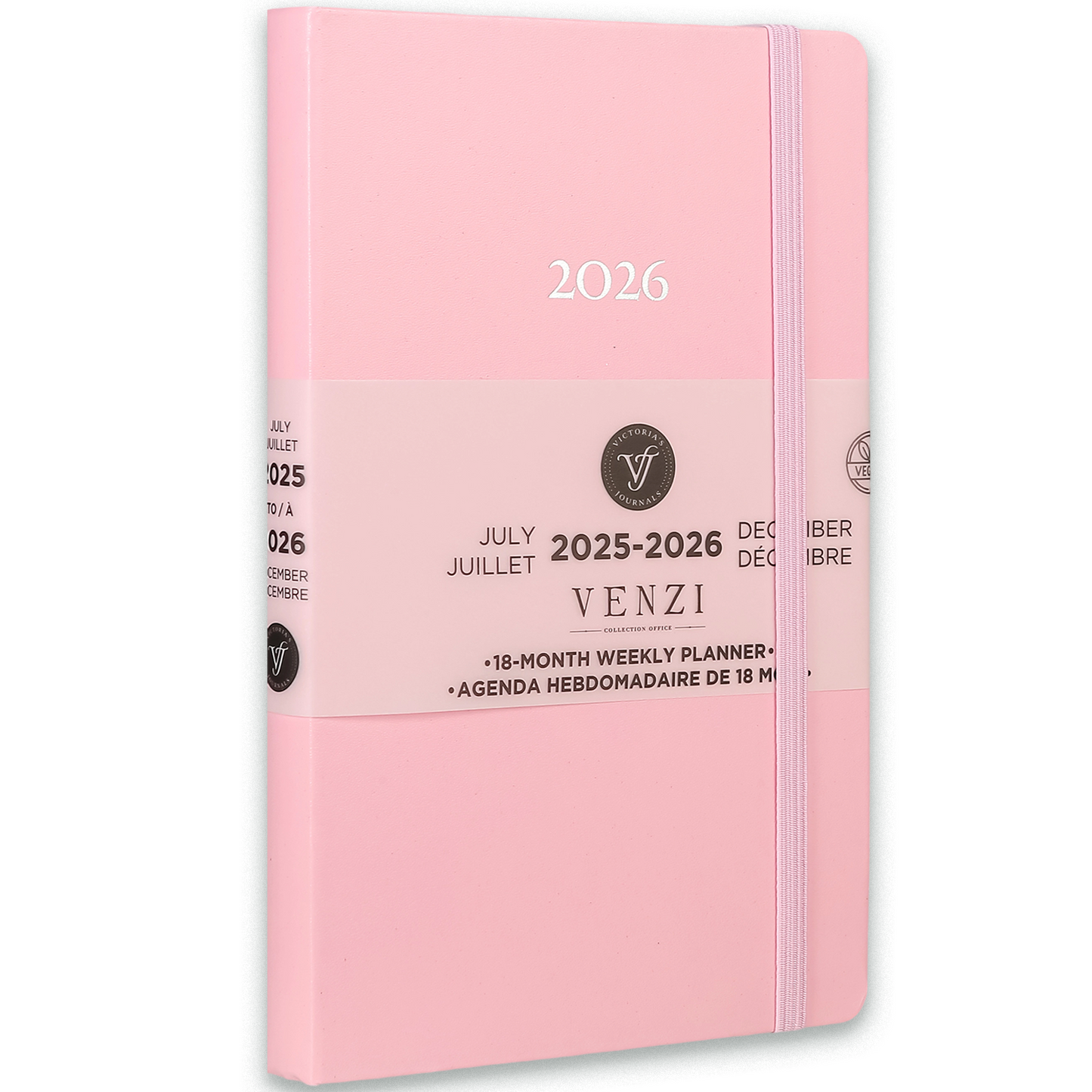 2025–2026 Weekly Planner Venzi  — Pink Vegan Leather (A5, 18-Month, Bilingual)
