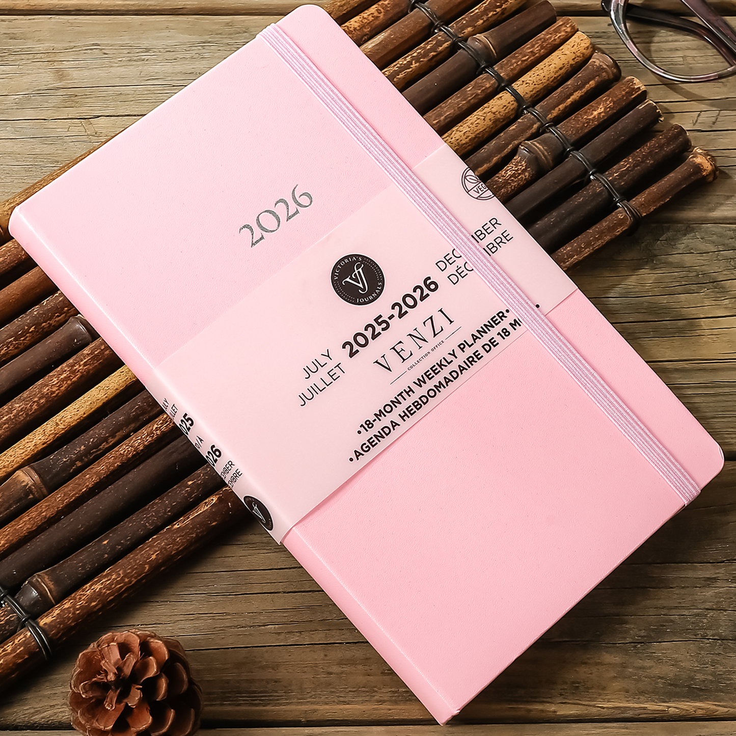 2025–2026 Weekly Planner Venzi  — Pink Vegan Leather (A5, 18-Month, Bilingual)