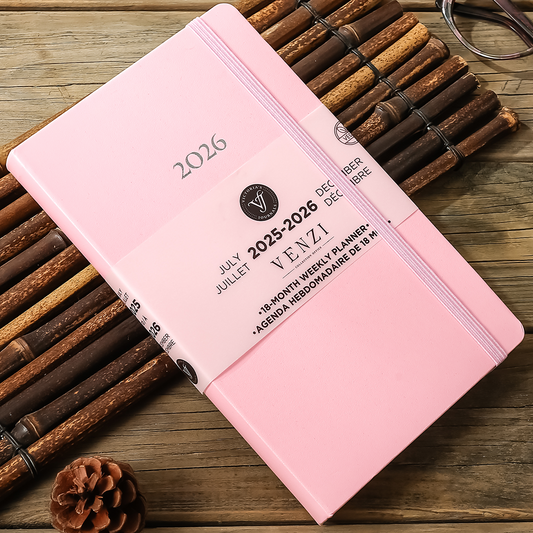 2025–2026 Weekly Planner Venzi  — Pink Vegan Leather (A5, 18-Month, Bilingual)