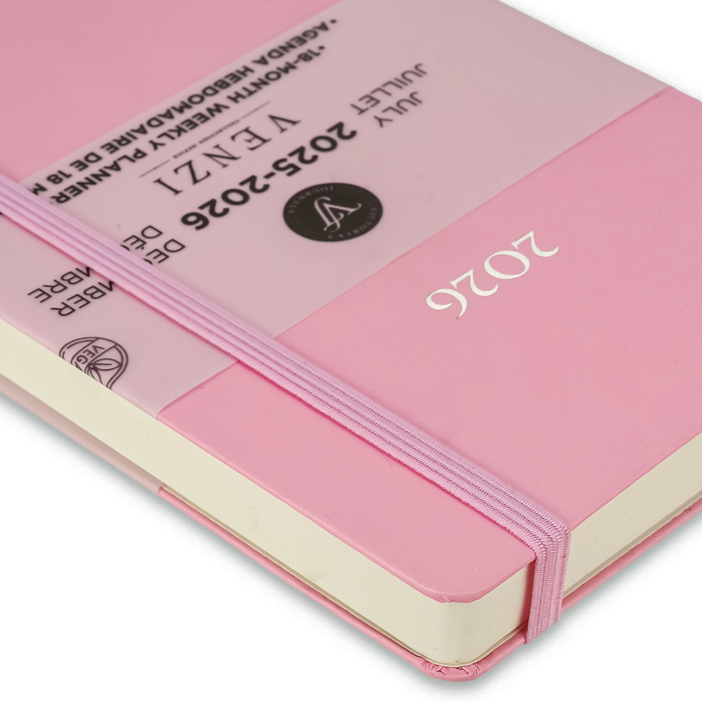 2025–2026 Weekly Planner Venzi  — Pink Vegan Leather (A5, 18-Month, Bilingual)