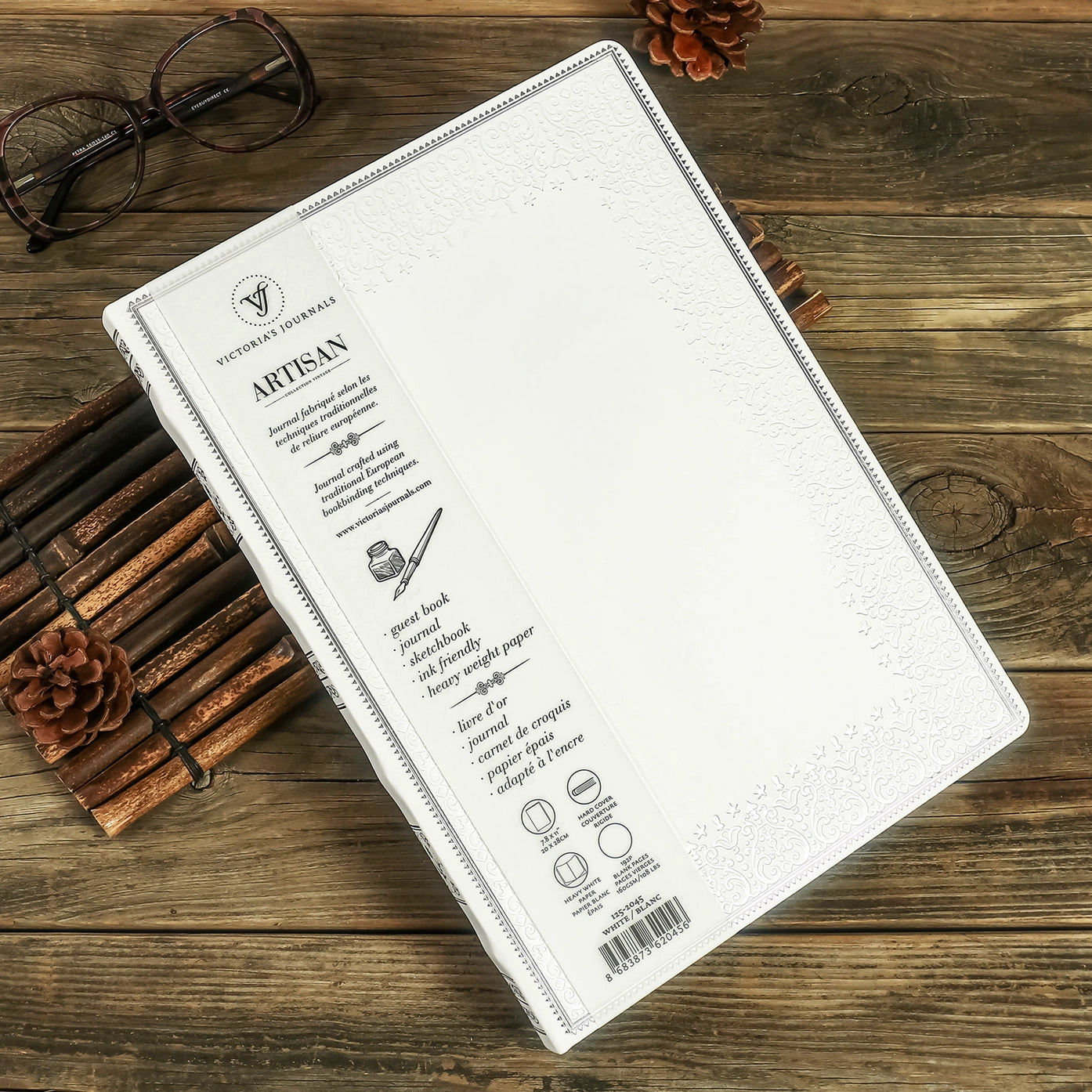 Large Artisan Heritage Journal – Rich Satin White, 192 Blank Pages, Silver Gilded Edges
