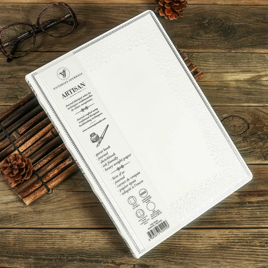 Large Artisan Heritage Journal – Rich Satin White, 192 Blank Pages, Silver Gilded Edges