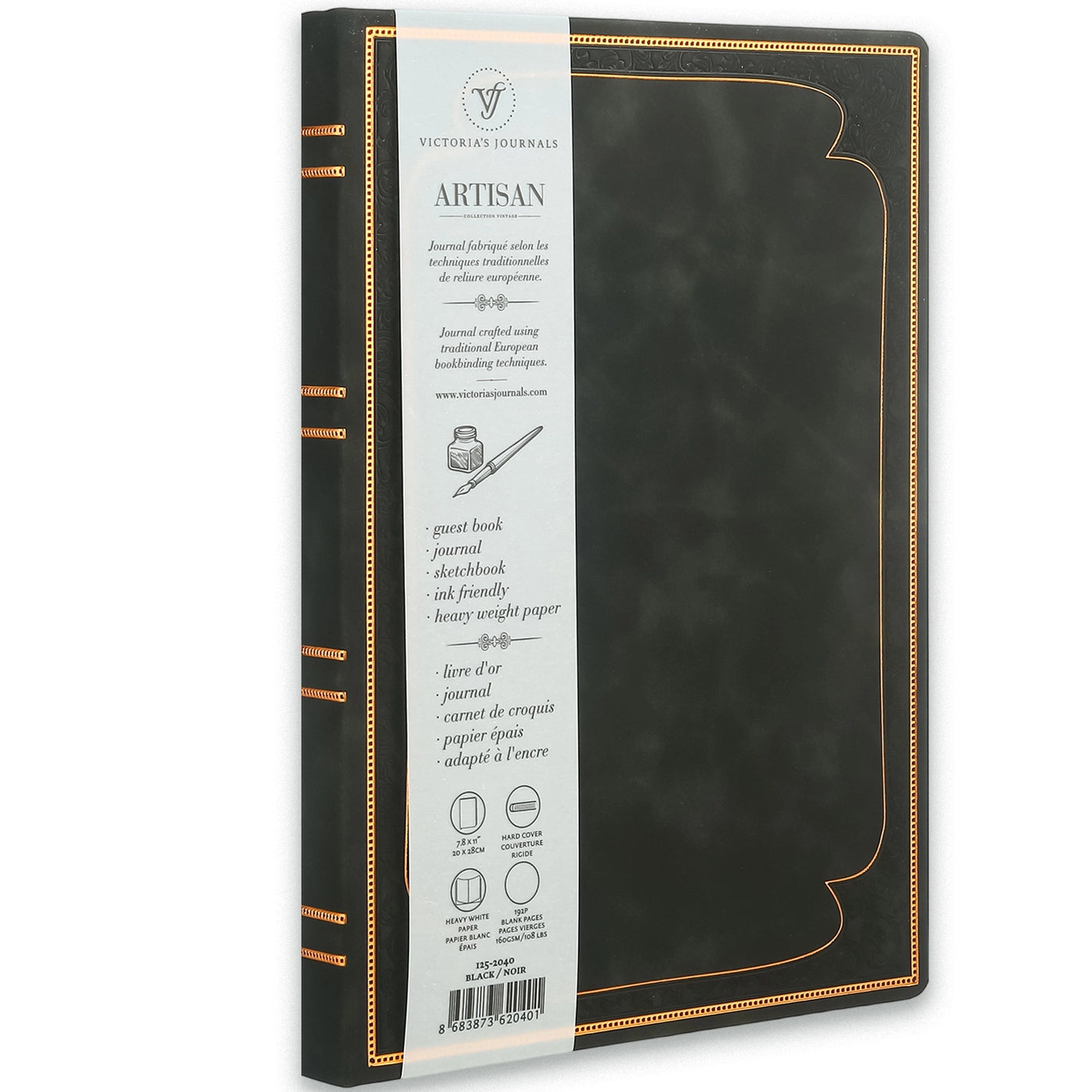 Large Artisan Heritage Journal – Rich Satin Black, 192 Blank Pages, Bronze Gilded Edges