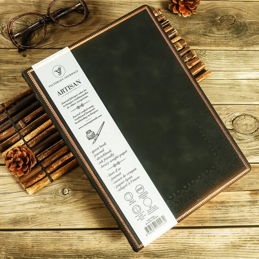Large Artisan Heritage Journal – Rich Satin Black, 192 Blank Pages, Bronze Gilded Edges