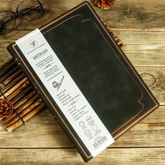 Large Artisan Heritage Journal – Rich Satin Black, 192 Blank Pages, Bronze Gilded Edges