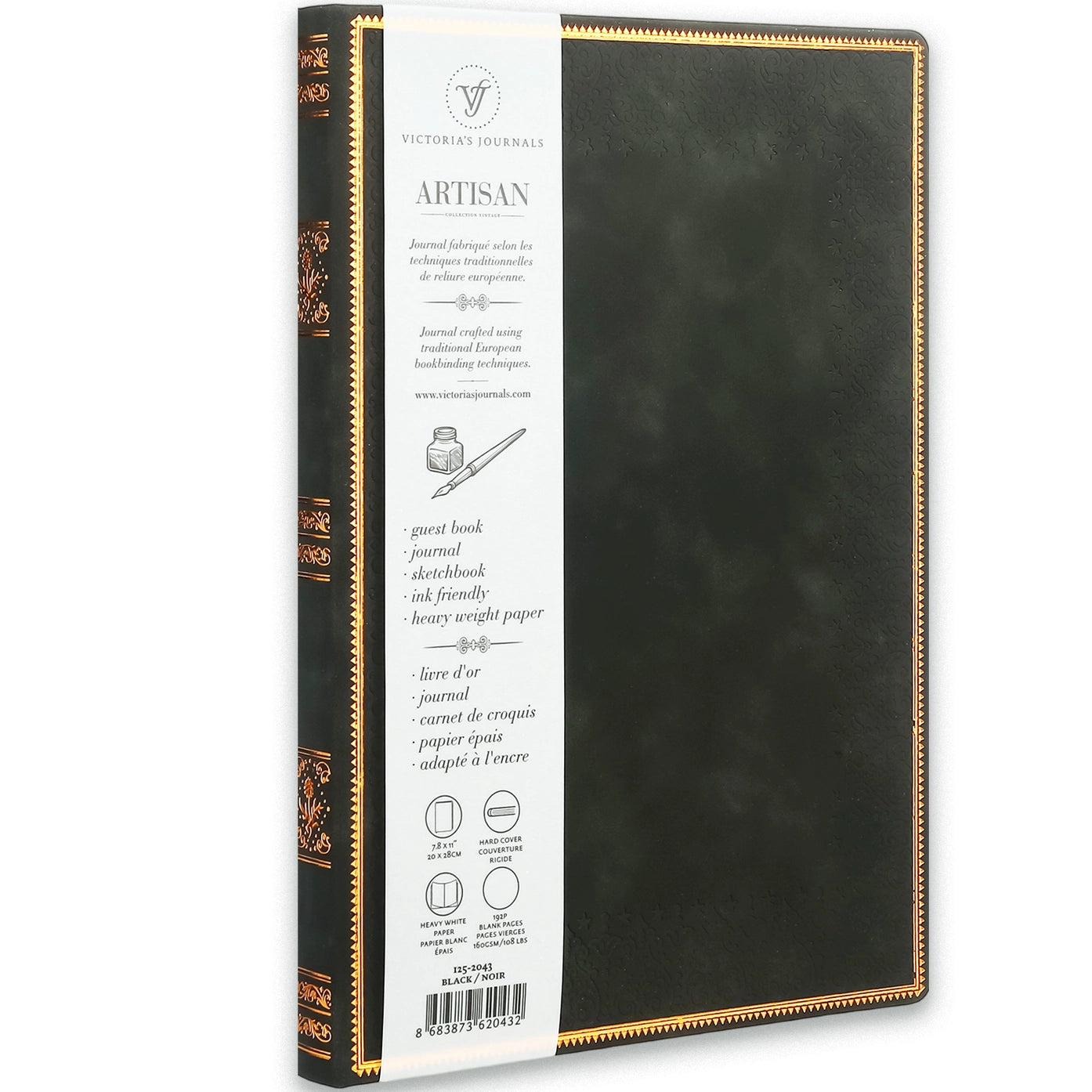 Large Artisan Heritage Journal – Rich Satin Black, 192 Blank Pages, Bronze Gilded Edges