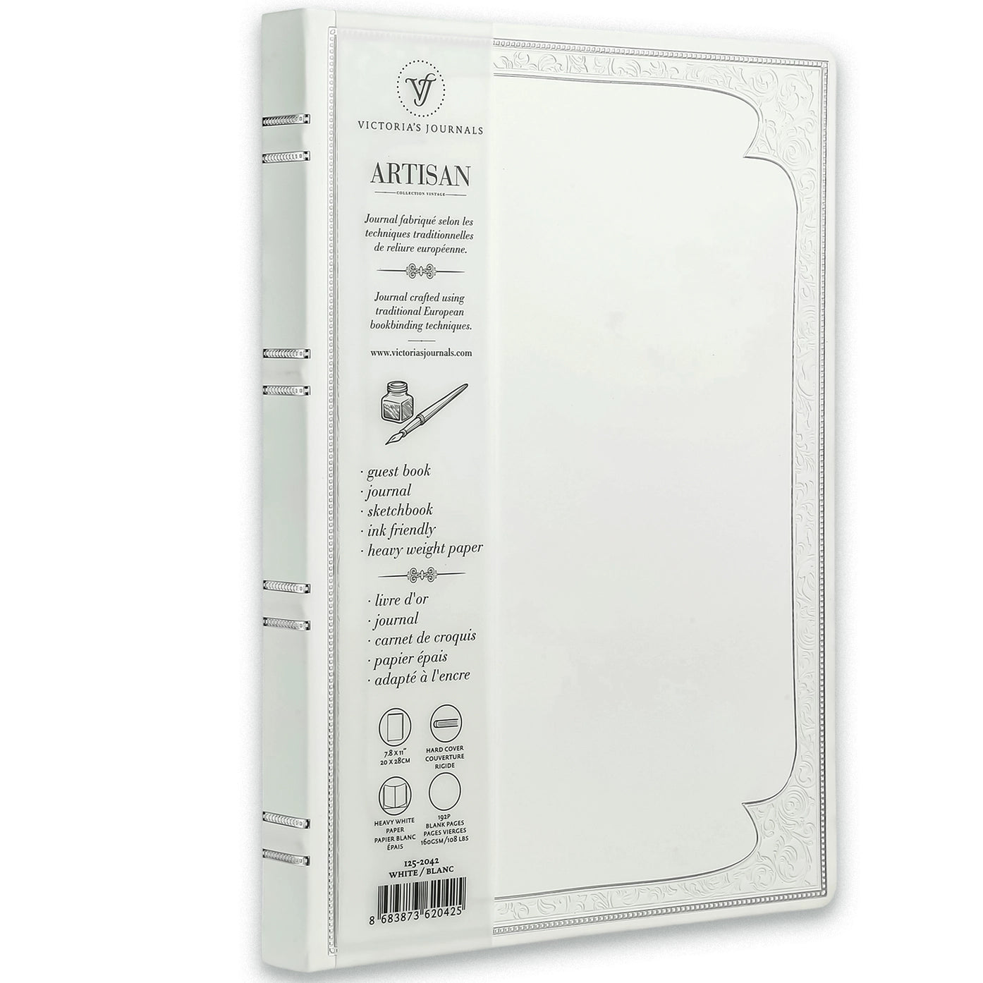 Large Artisan Heritage Journal – Rich Satin White, 192 Blank Pages, Silver Gilded Edges