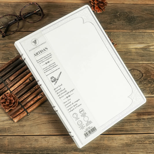 Large Artisan Heritage Journal – Rich Satin White, 192 Blank Pages, Silver Gilded Edges