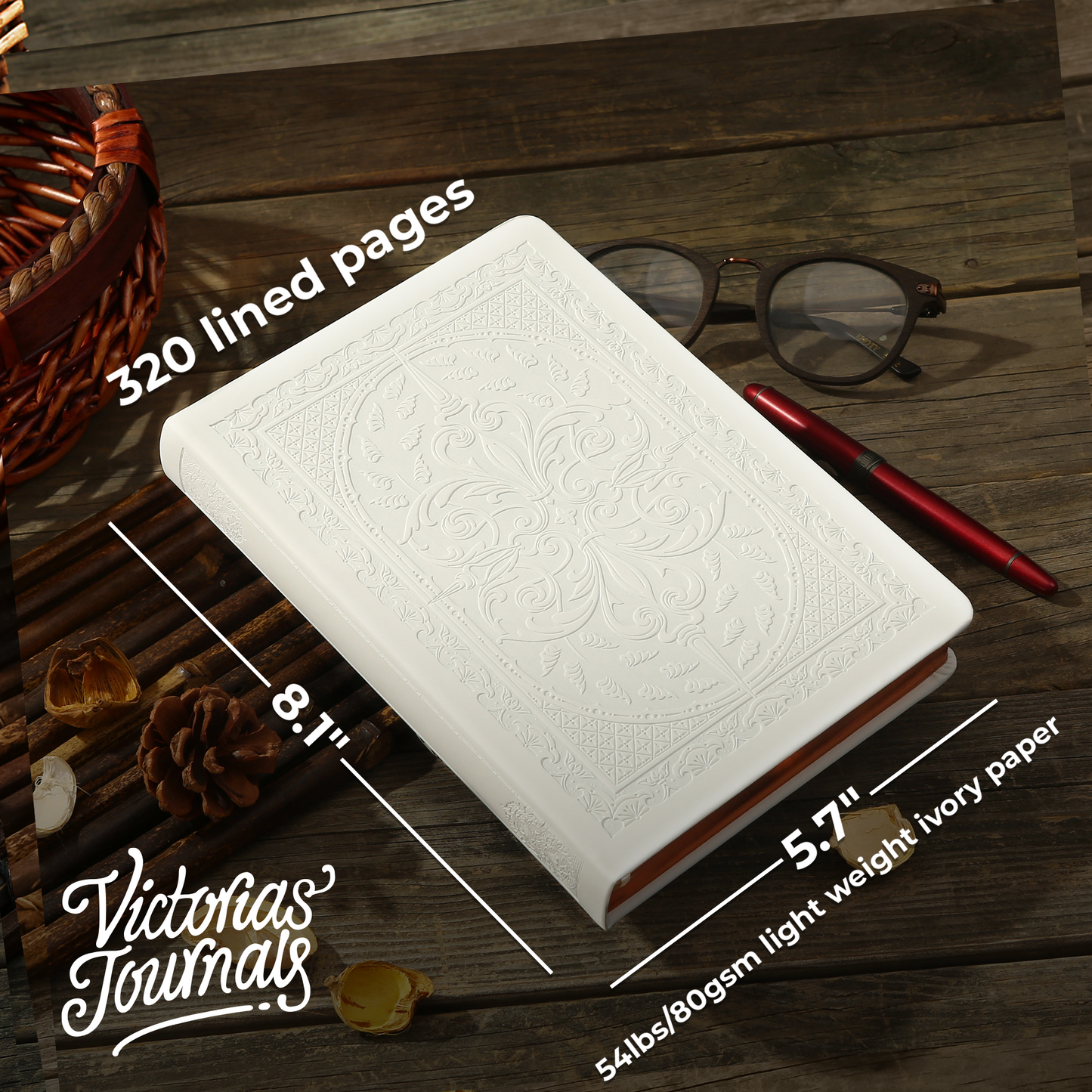 Victoria's Journals Vintage Style Diary for Men and Women – Use it for Writing, Note Taking, Poetry, Travel, Gratitude, Mindfulness, Self-Help, Daily Affirmations or a Prayer Journal 320p. (White)