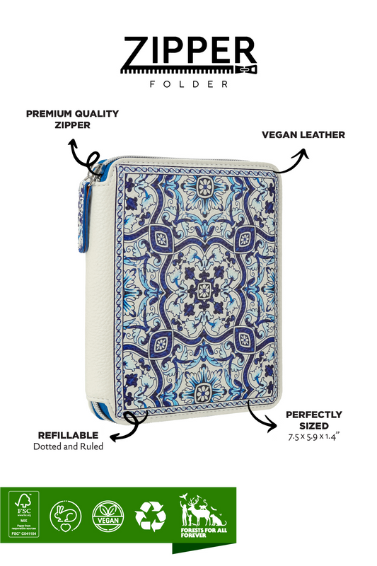 Zippered Vegan Leather Portfolio Diary (Azulejo)