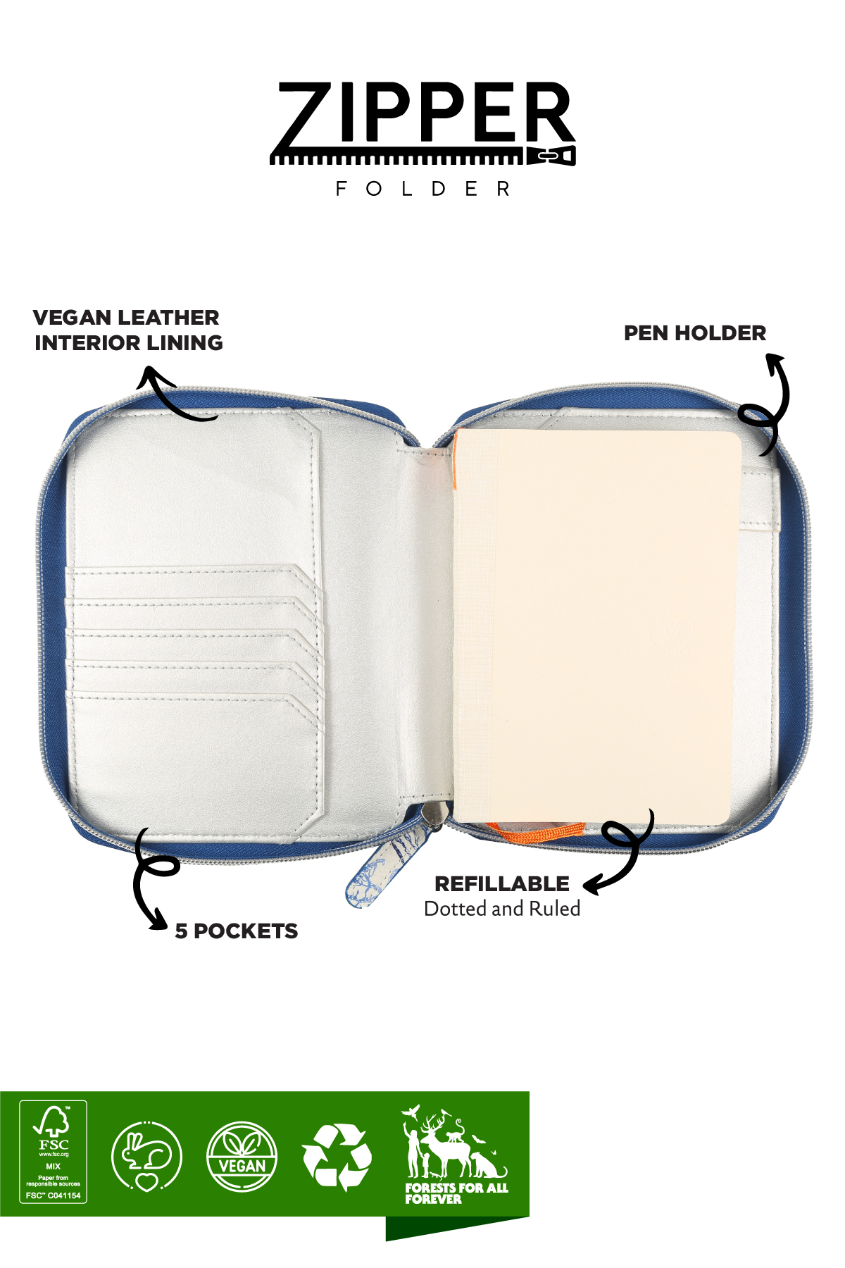 Zippered Vegan Leather Portfolio Diary (Delftware)