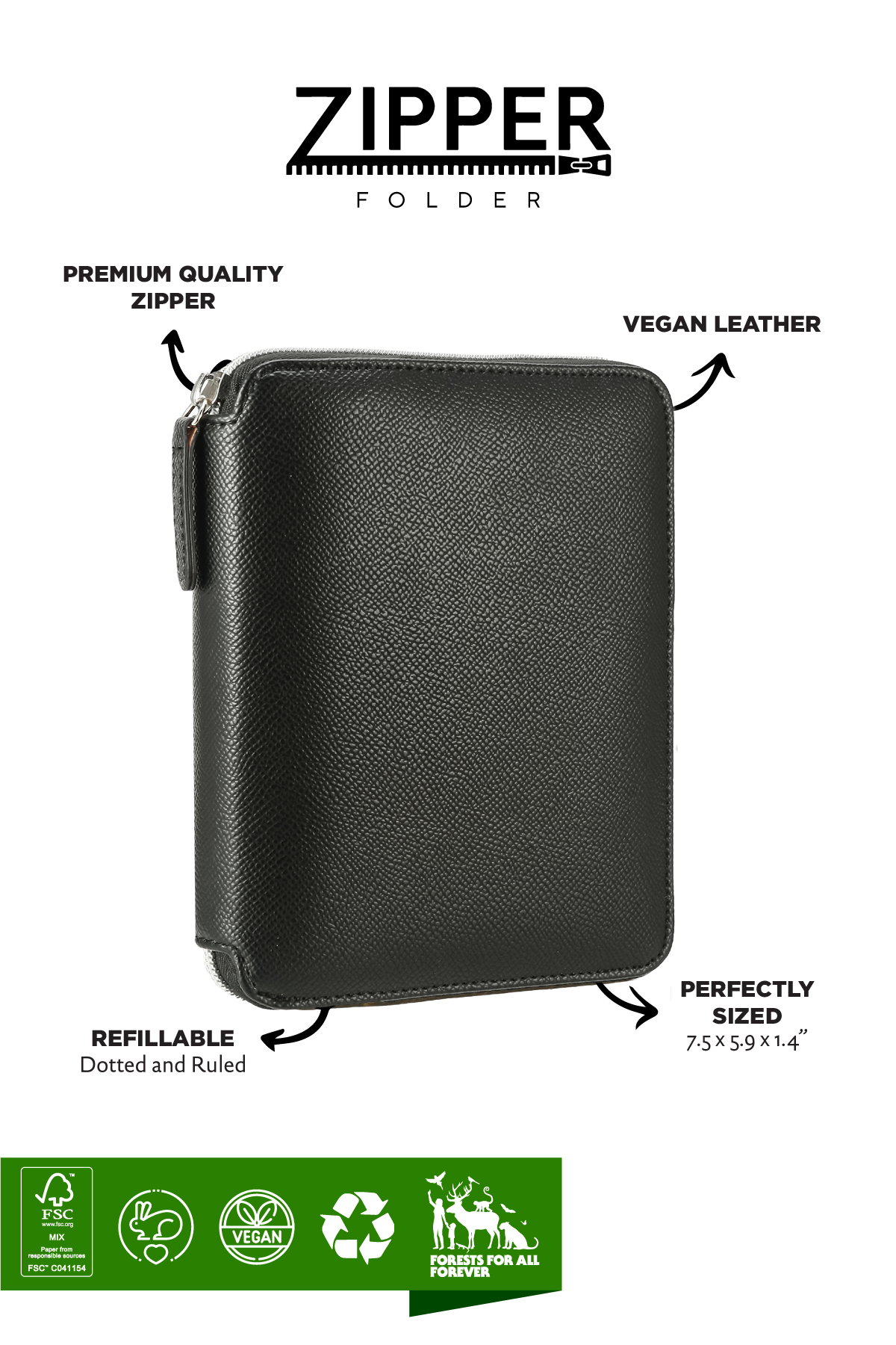 Zippered Vegan Leather Portfolio Notebook / Diary (Black)