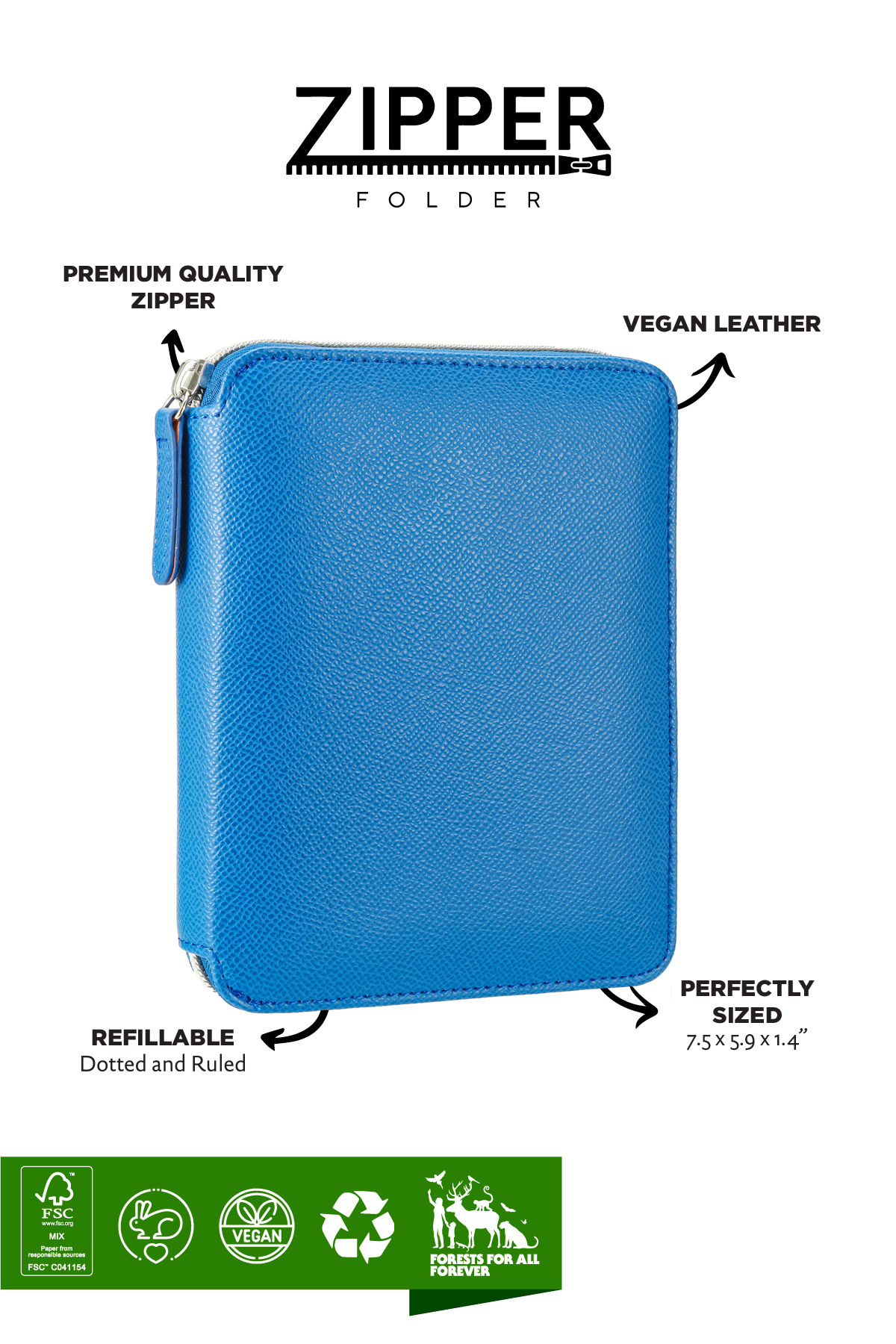 Zippered Vegan Leather Portfolio Notebook / Diary (Azure)