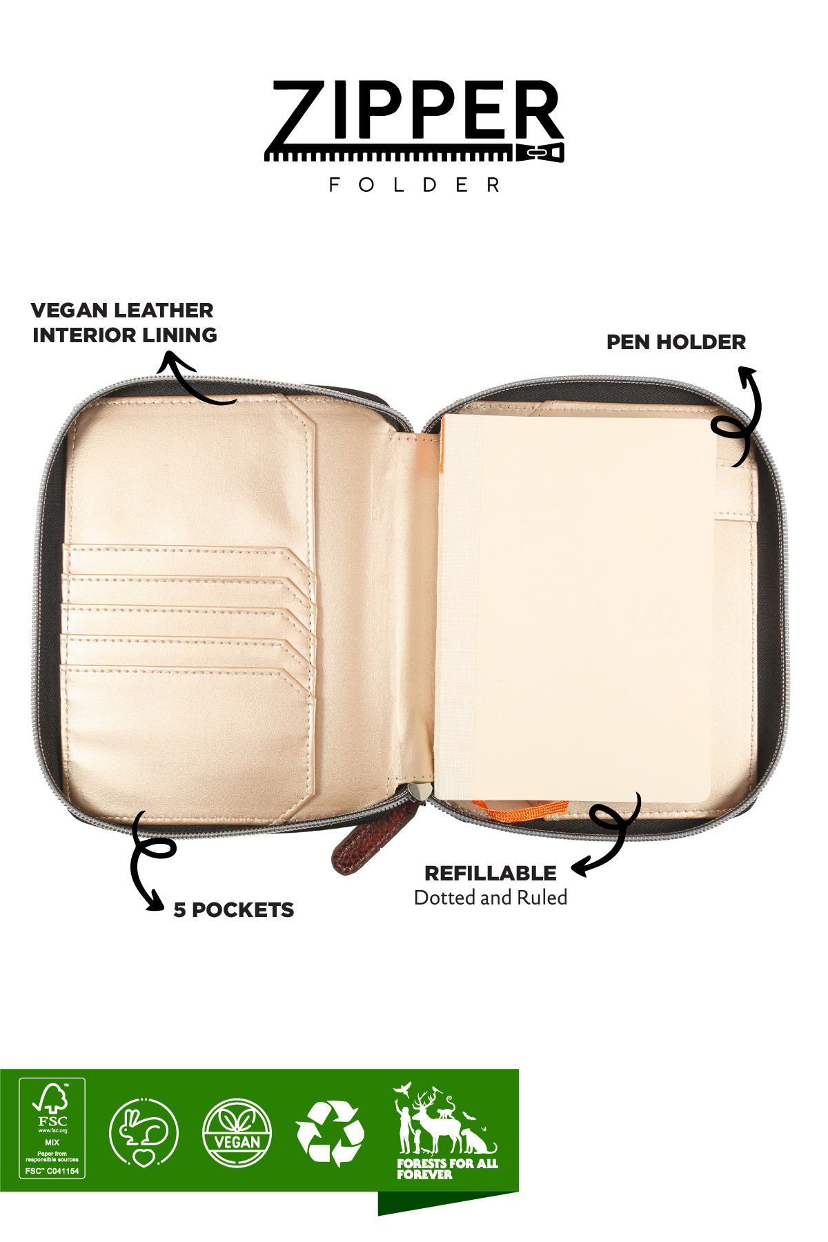 Zippered Vegan Leather Portfolio Diary (Vintage Brown)