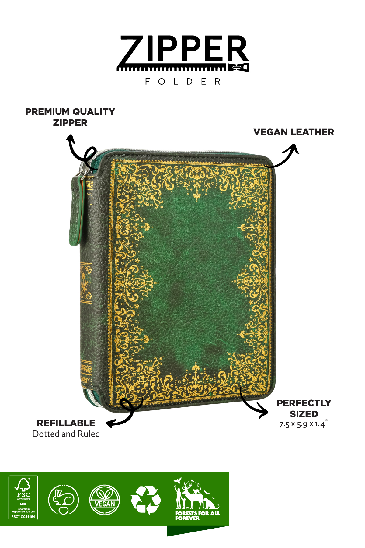 Zippered Vegan Leather Portfolio Diary (Vintage Green)