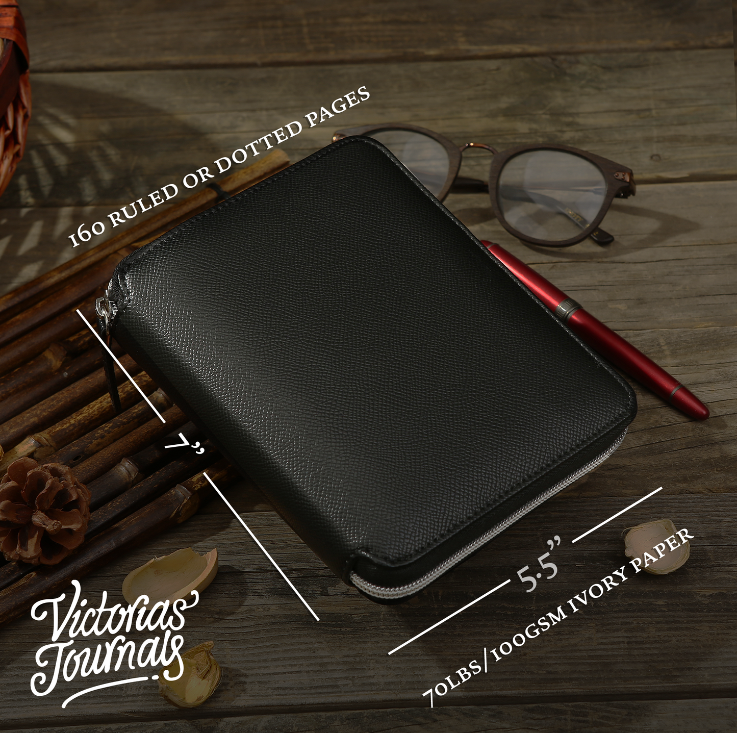 Zippered Vegan Leather Portfolio Notebook / Diary (Black)
