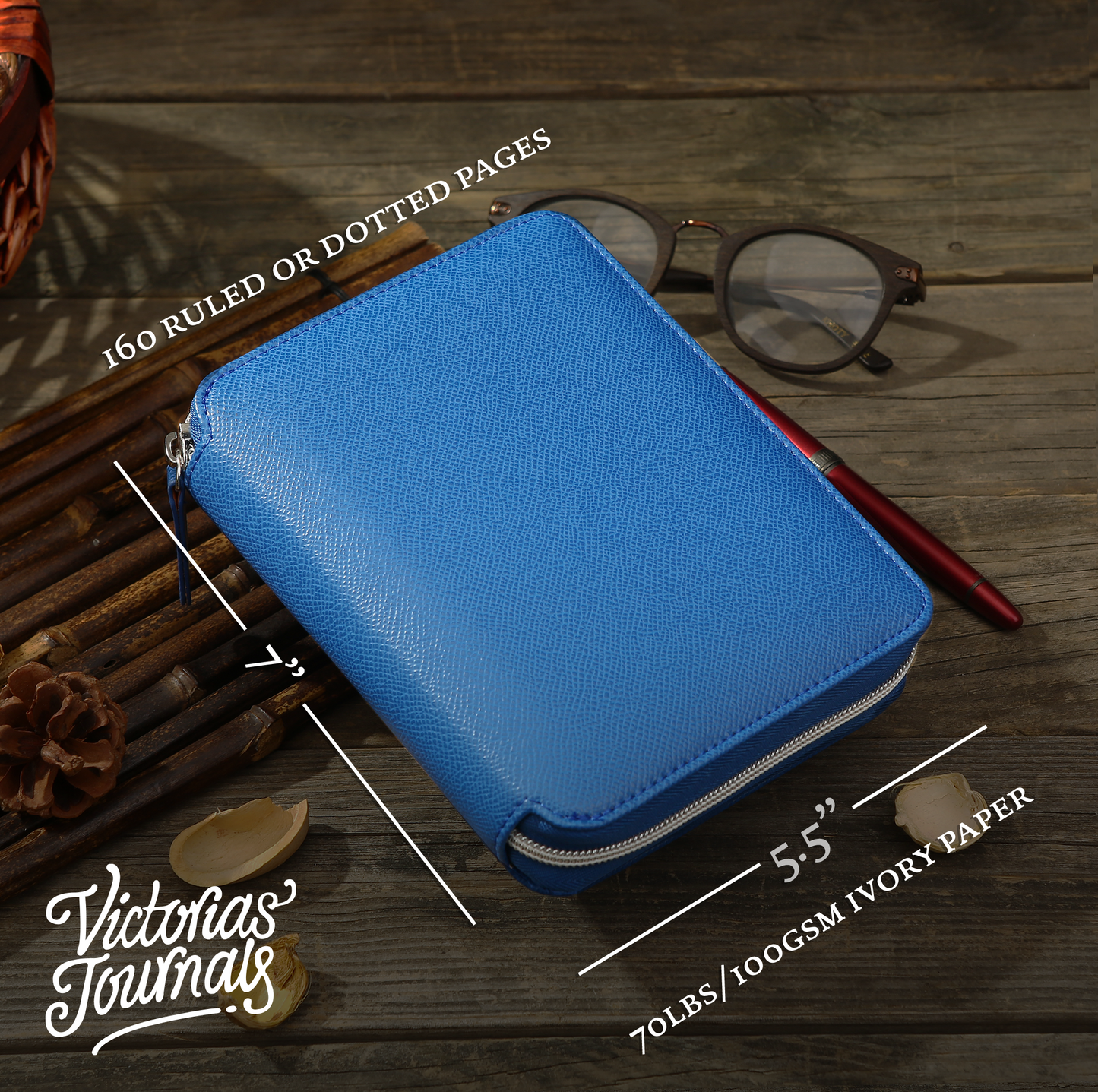 Zippered Vegan Leather Portfolio Notebook / Diary (Azure)