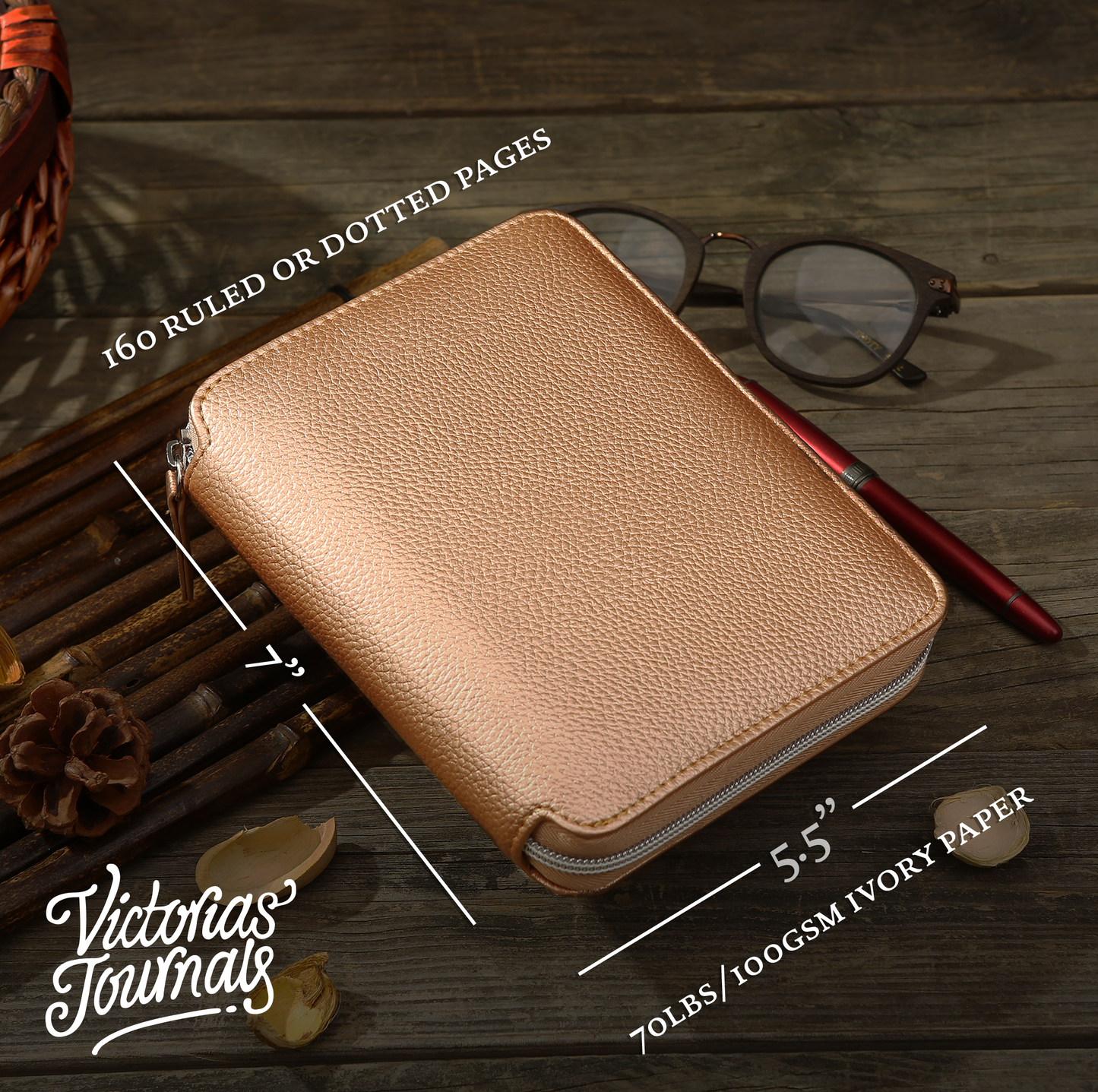 Zippered Vegan Leather Portfolio Notebook / Diary (Light Copper)