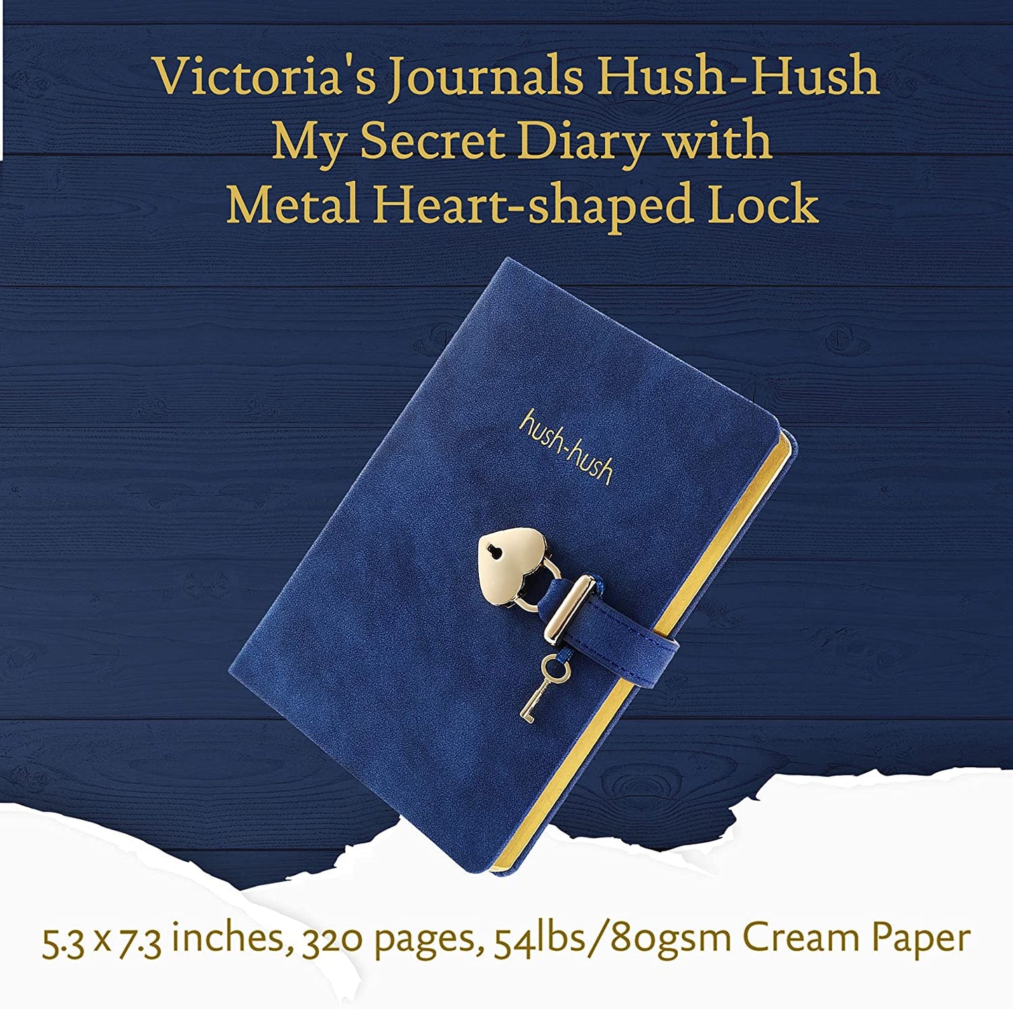 Heart Shaped Lock Journal, Lock Diary for Girls with Key, Vegan Leather Cover, Cute Locking Secret Notebook for Teens, 5.3x7.3",320p Victoria's Journals Secret Diary, College-ruled(Dark Blue)