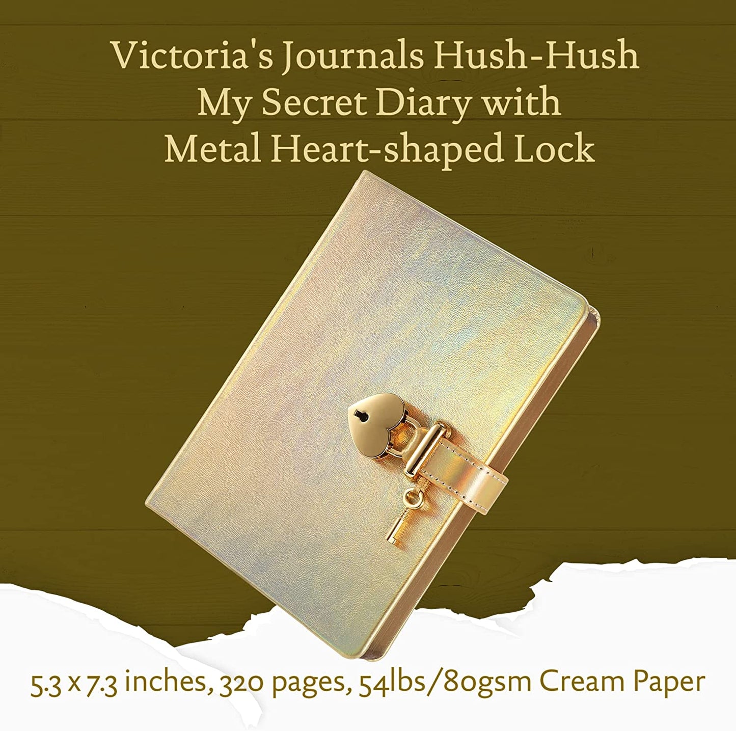 Heart Shaped Lock Journal, Lock Diary for Girls with Key, Vegan Leather Cover, Cute Locking Secret Notebook for Teens, 5.3x7.3",320p Victoria's Journals Secret Diary, College-ruled (Iridescent Gold)