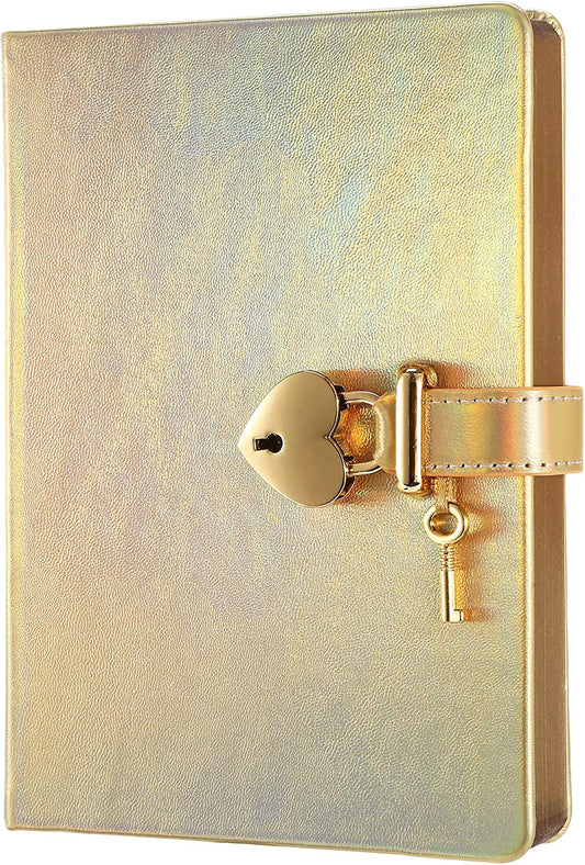 Heart Shaped Lock Journal, Lock Diary for Girls with Key, Vegan Leather Cover, Cute Locking Secret Notebook for Teens, 5.3x7.3",320p Victoria's Journals Secret Diary, College-ruled (Iridescent Gold)