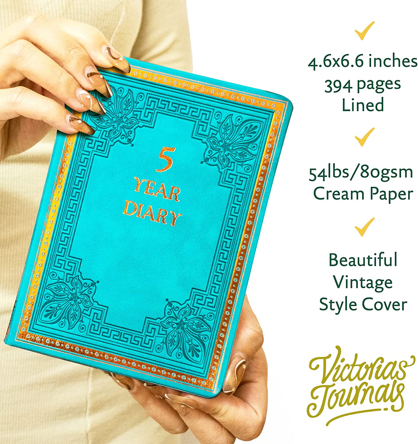 Five-Year Vintage Look Diary (Motivational, Prayer, Gratitude, Mindfulness, Self-Help and Daily Affirmations) 4.64x6.6", 394p. (Teal)