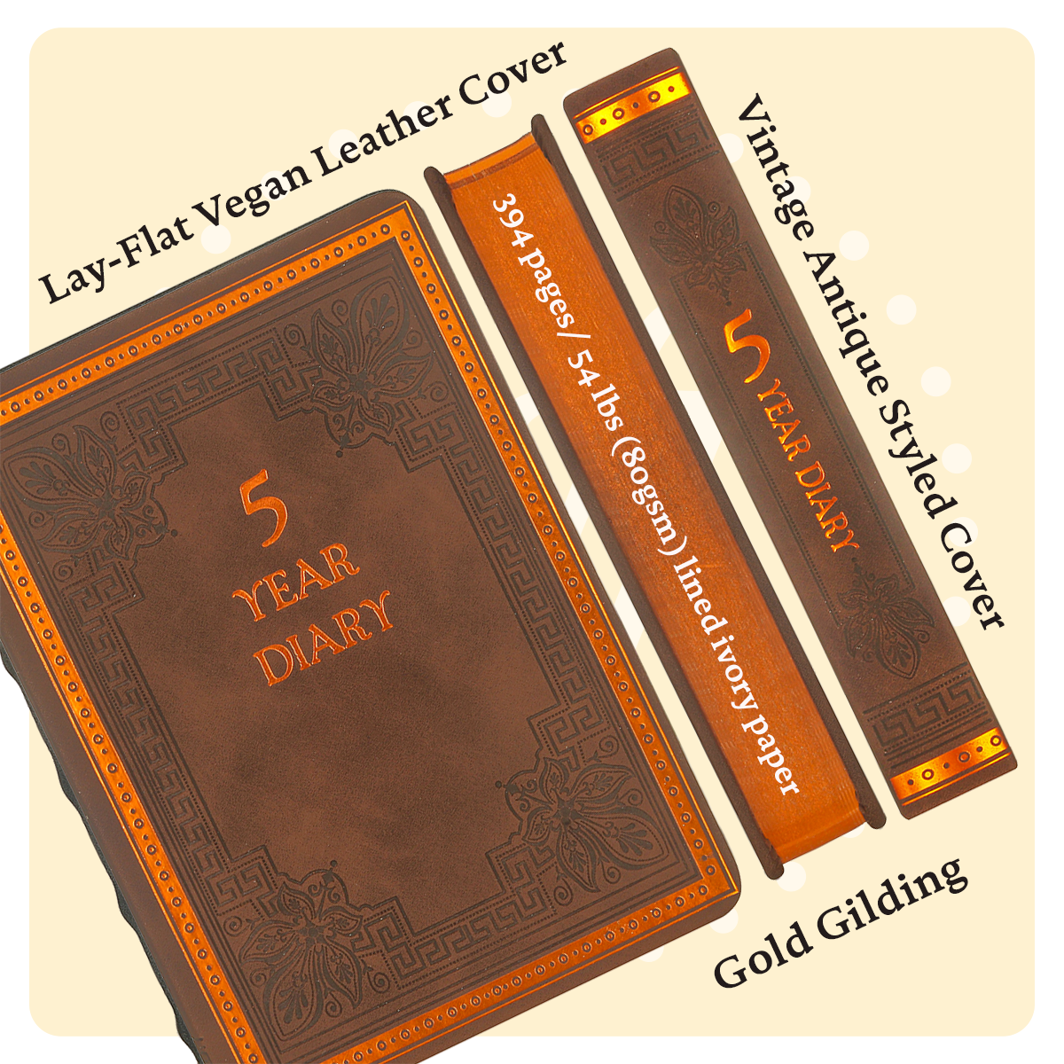 Five-Year Vintage Look Diary (Motivational, Prayer, Gratitude, Mindfulness, Self-Help and Daily Affirmations) 4.64x6.6", 394p. (Brown)